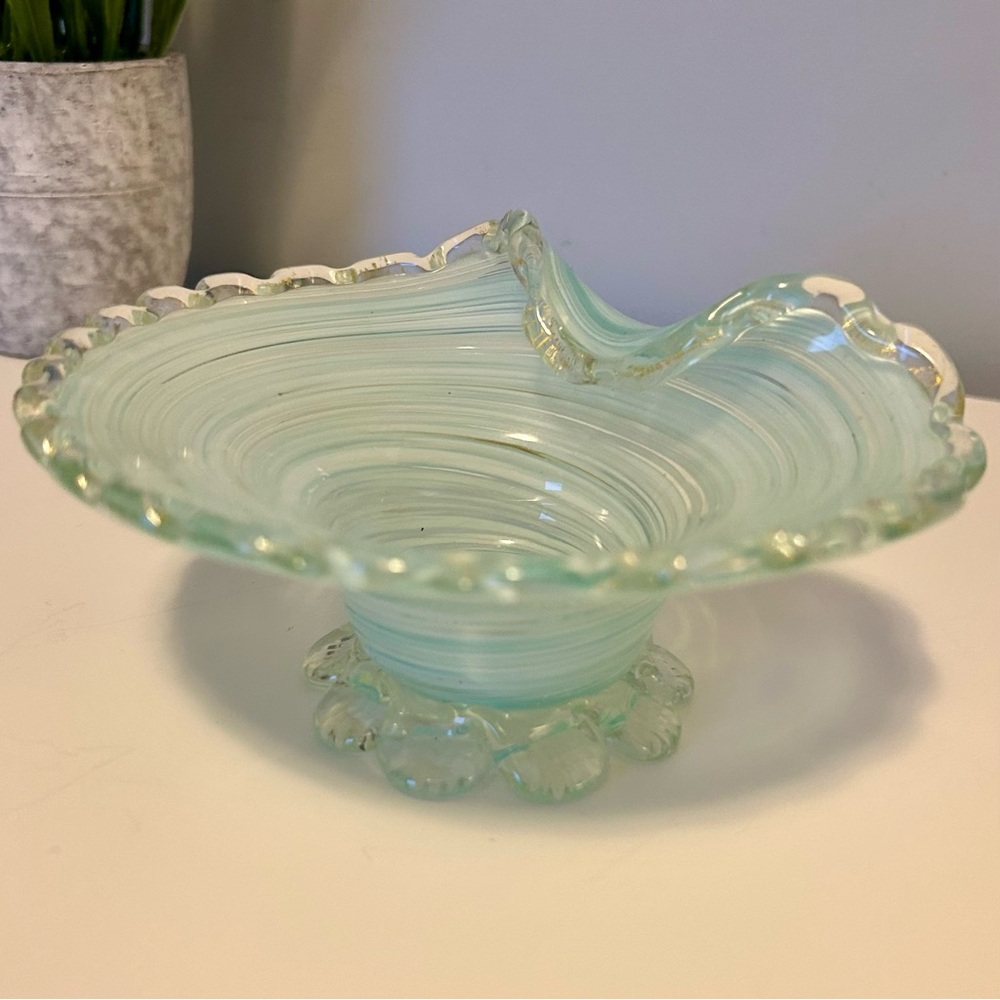 Vintage Aqua  Art Glass Footed Bowl 
Gold Flecks